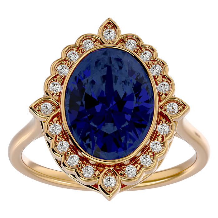 1 3/4 Carat Oval Shape Sapphire and Halo Diamond Ring In 14 Karat Yellow Gold