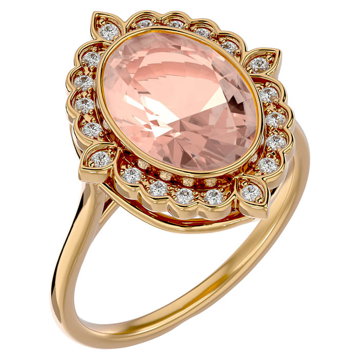1-1/3 Carat Oval Shape Morganite and Halo Diamond Ring In 14 Karat Yellow Gold