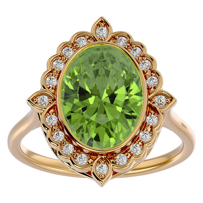 1 1/2 Carat Oval Shape Peridot and Halo Diamond Ring In 14 Karat Yellow Gold