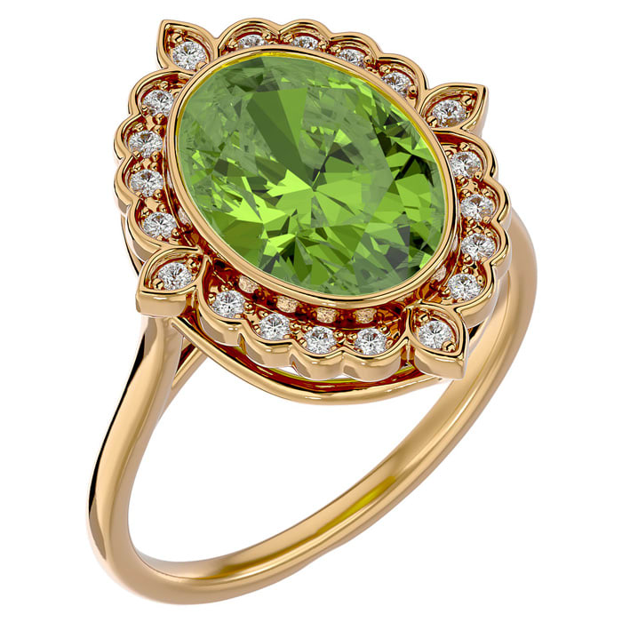 1 1/2 Carat Oval Shape Peridot and Halo Diamond Ring In 14 Karat Yellow Gold