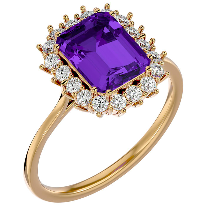 2 1/2 Carat Amethyst and Halo Diamond Ring In 14K Yellow Gold