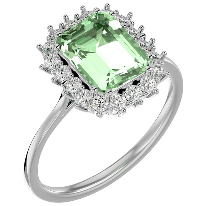2 1/3 Carat Green Amethyst and Halo Diamond Ring In 14K White Gold