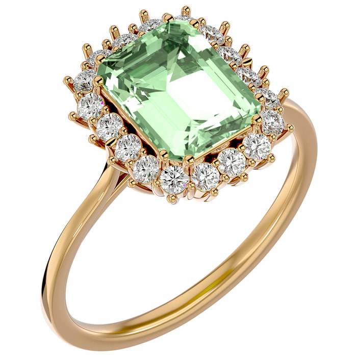 2 1/3 Carat Green Amethyst and Halo Diamond Ring In 14K Yellow Gold