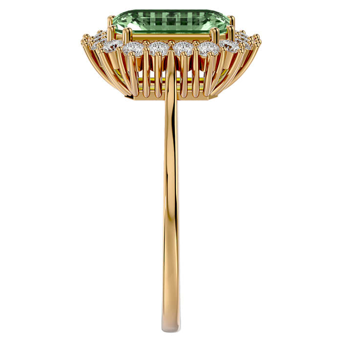 2 1/3 Carat Green Amethyst and Halo Diamond Ring In 14K Yellow Gold