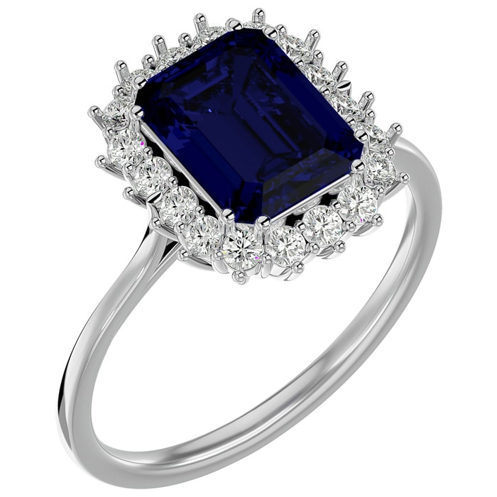 3 1/5 Carat Sapphire and Halo Diamond Ring In 14K White Gold