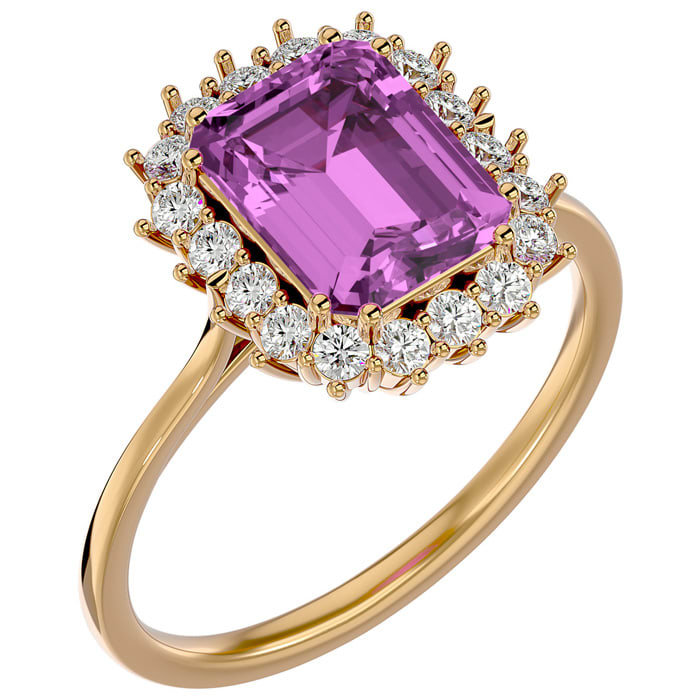 3 Carat Pink Topaz and Halo Diamond Ring In 14K Yellow Gold