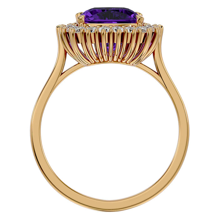 2 1/2 Carat Cushion Cut Amethyst and Halo Diamond Ring In 14K Yellow Gold