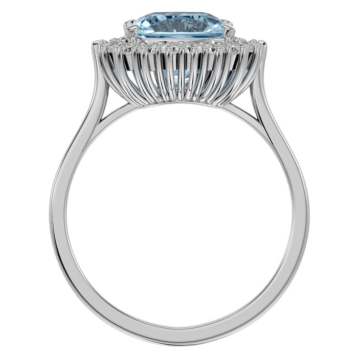 Aquamarine Ring: Aquamarine Jewelry: 2 1/2 Carat Cushion Cut Aquamarine and Halo Diamond Ring In 14K White Gold