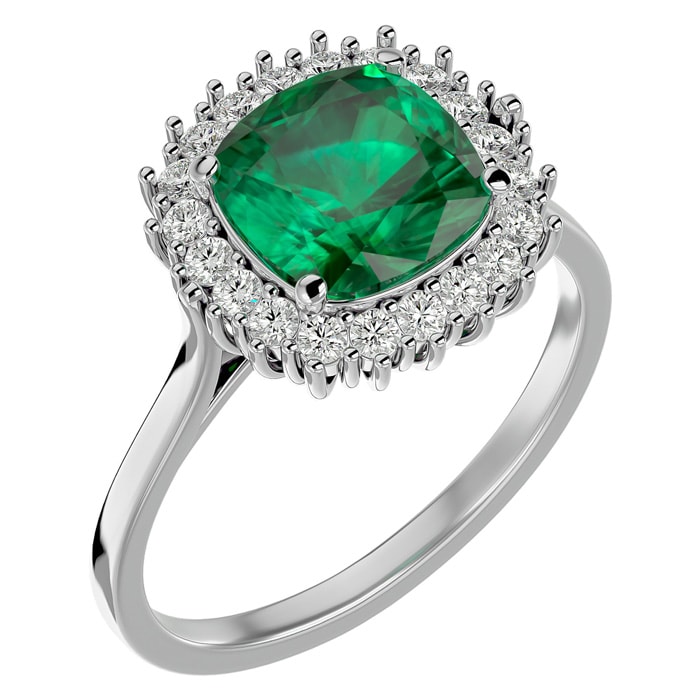 2 1/2 Carat Cushion Cut Emerald and Halo Diamond Ring In 14K White Gold
