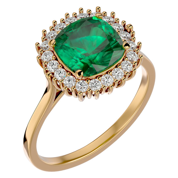 2 1/2 Carat Cushion Cut Emerald and Halo Diamond Ring In 14K Yellow Gold