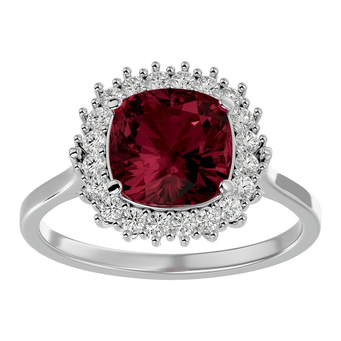 Garnet Ring: Garnet Jewelry: 3 1/2 Carat Cushion Cut Garnet and Halo Diamond Ring In 14K White Gold