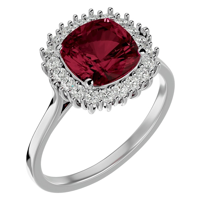 Garnet Ring: Garnet Jewelry: 3 1/2 Carat Cushion Cut Garnet and Halo Diamond Ring In 14K White Gold