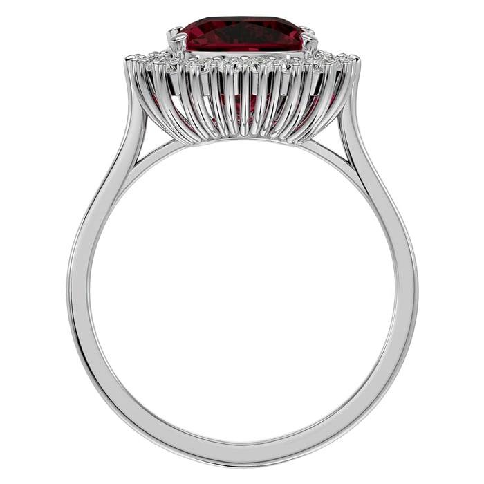 Garnet Ring: Garnet Jewelry: 3 1/2 Carat Cushion Cut Garnet and Halo Diamond Ring In 14K White Gold