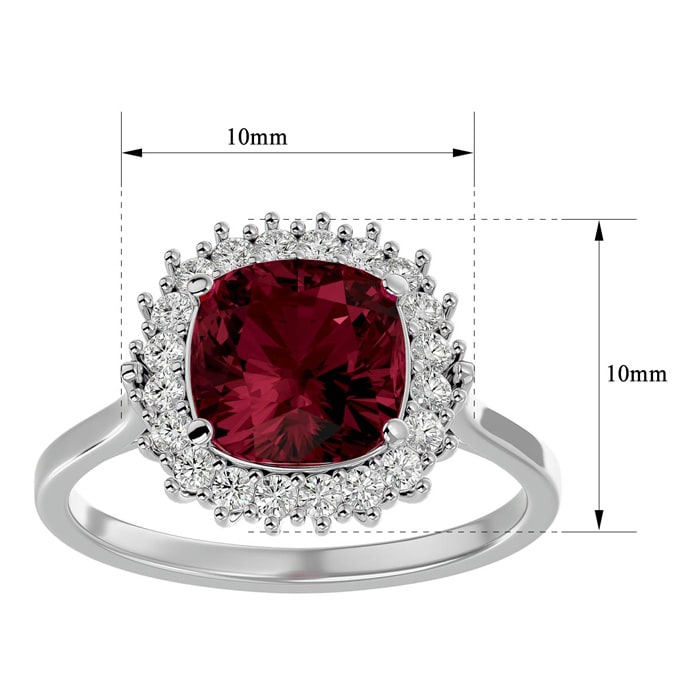 Garnet Ring: Garnet Jewelry: 3 1/2 Carat Cushion Cut Garnet and Halo Diamond Ring In 14K White Gold