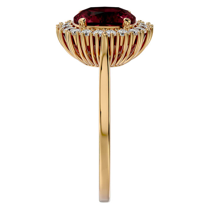 Garnet Ring: Garnet Jewelry: 3 1/2 Carat Cushion Cut Garnet and Halo Diamond Ring In 14K Yellow Gold