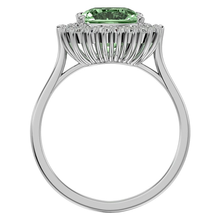 2 1/2 Carat Cushion Cut Green Amethyst and Halo Diamond Ring In 14K White Gold