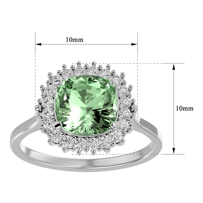 2 1/2 Carat Cushion Cut Green Amethyst and Halo Diamond Ring In 14K White Gold