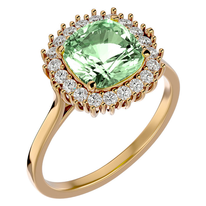 2 1/2 Carat Cushion Cut Green Amethyst and Halo Diamond Ring In 14K Yellow Gold