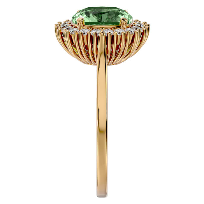 2 1/2 Carat Cushion Cut Green Amethyst and Halo Diamond Ring In 14K Yellow Gold