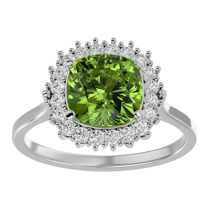 3 Carat Cushion Cut Peridot and Halo Diamond Ring In 14K White Gold