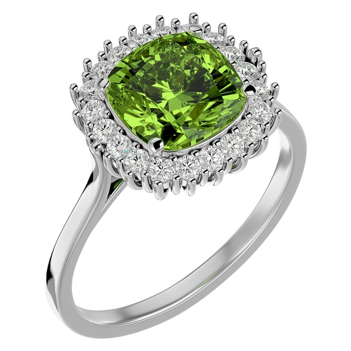 3 Carat Cushion Cut Peridot and Halo Diamond Ring In 14K White Gold