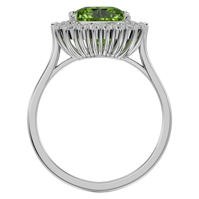 3 Carat Cushion Cut Peridot and Halo Diamond Ring In 14K White Gold