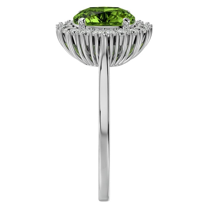 3 Carat Cushion Cut Peridot and Halo Diamond Ring In 14K White Gold
