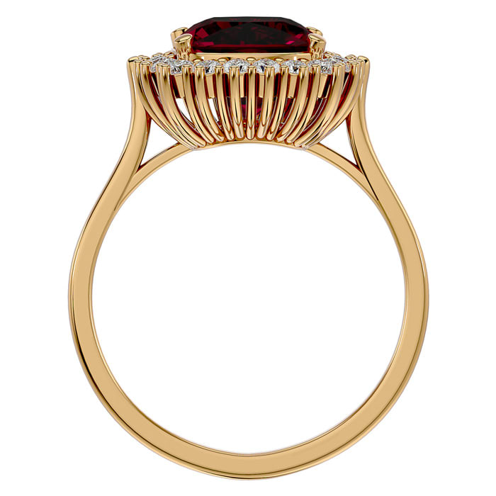 3 1/2 Carat Cushion Cut Ruby and Halo Diamond Ring In 14K Yellow Gold
