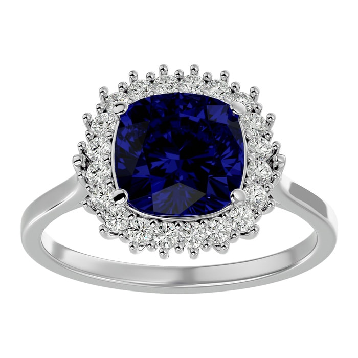 3 1/2 Carat Cushion Cut Sapphire and Halo Diamond Ring In 14K White Gold