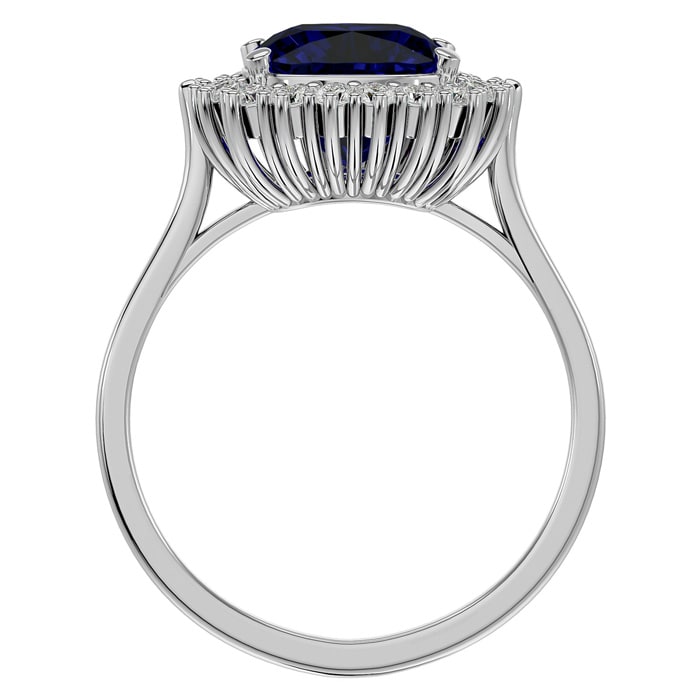 3 1/2 Carat Cushion Cut Sapphire and Halo Diamond Ring In 14K White Gold