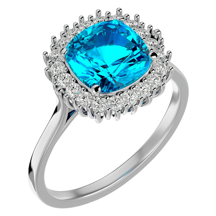 3 Carat Cushion Cut Blue Topaz and Halo Diamond Ring In 14K White Gold