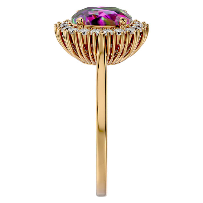 2-1/2 Carat Cushion Shape Mystic Topaz Ring With Diamond Halo In 14 Karat Yellow Gold