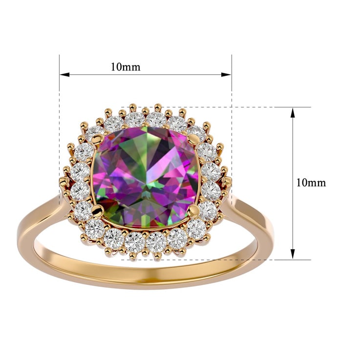 2-1/2 Carat Cushion Shape Mystic Topaz Ring With Diamond Halo In 14 Karat Yellow Gold