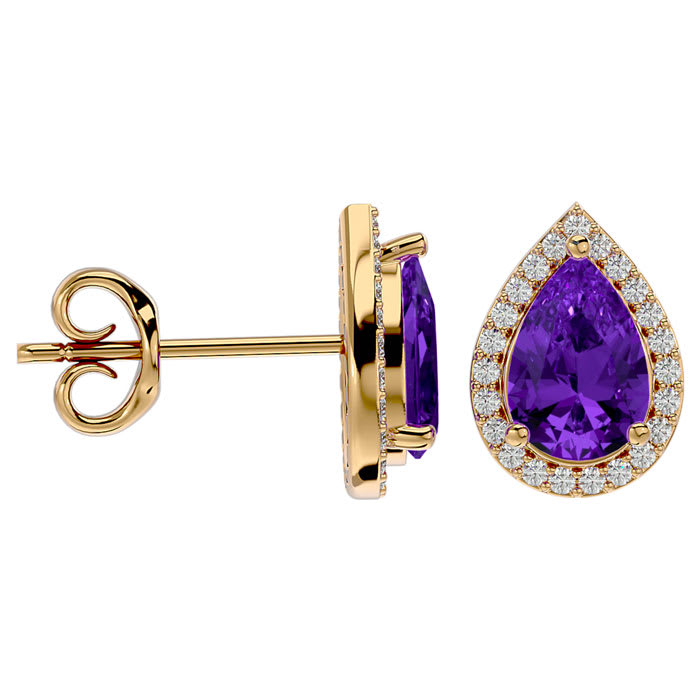 2 1/3 Carat Amethyst and Diamond Pear Shape Stud Earrings In 14 Karat Yellow Gold 
