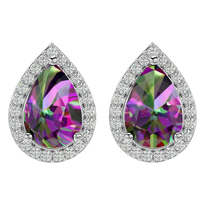 2 1/3 Carat Mystic Topaz and Diamond Pear Shape Stud Earrings In 14 Karat White Gold 