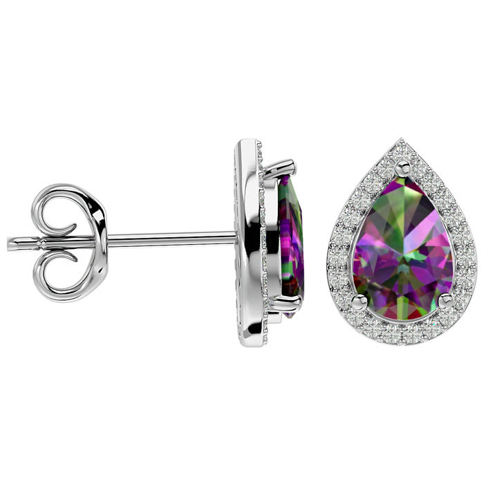 2 1/3 Carat Mystic Topaz and Diamond Pear Shape Stud Earrings In 14 Karat White Gold 