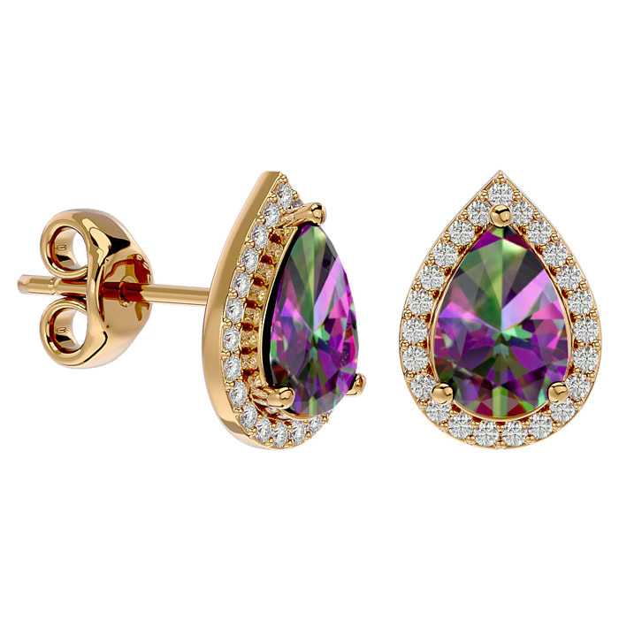 2 1/3 Carat Mystic Topaz and Diamond Pear Shape Stud Earrings In 14 Karat Yellow Gold 