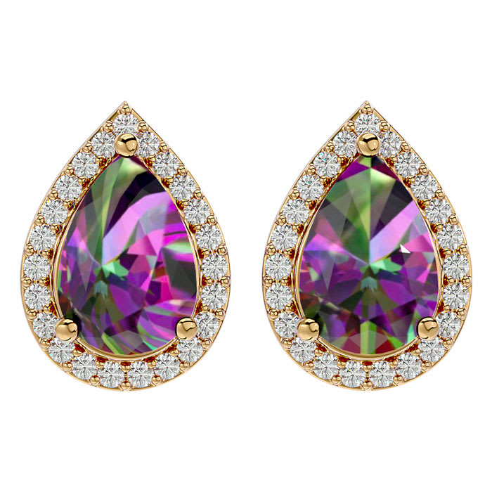 2 1/3 Carat Mystic Topaz and Diamond Pear Shape Stud Earrings In 14 Karat Yellow Gold 