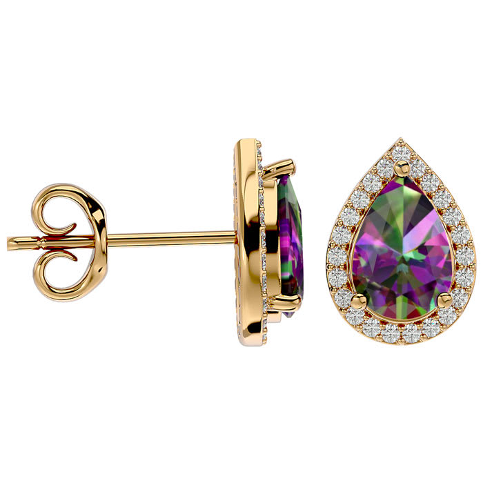 2 1/3 Carat Mystic Topaz and Diamond Pear Shape Stud Earrings In 14 Karat Yellow Gold 