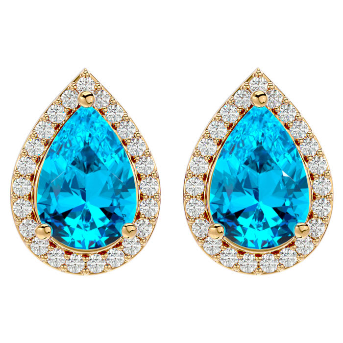 3 1/4 Carat Blue Topaz and Diamond Pear Shape Stud Earrings In 14 Karat Yellow Gold 