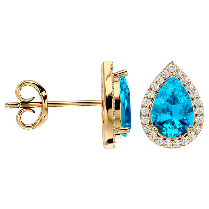 3 1/4 Carat Blue Topaz and Diamond Pear Shape Stud Earrings In 14 Karat Yellow Gold 