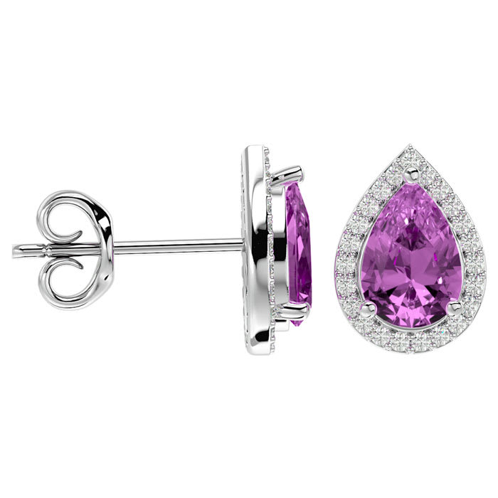 3 1/4 Carat Pink Topaz and Diamond Pear Shape Stud Earrings In 14 Karat White Gold 