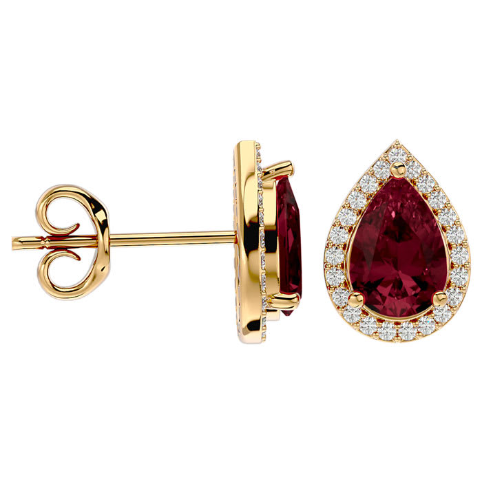 Garnet Earrings: Garnet Jewelry: 2 1/3 Carat Garnet and Diamond Pear Shape Stud Earrings In 14 Karat Yellow Gold 