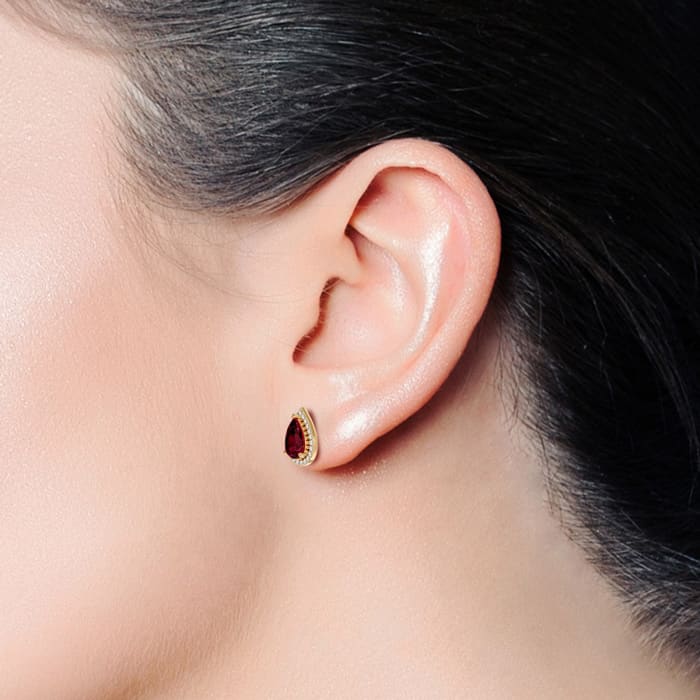 Garnet Earrings: Garnet Jewelry: 2 1/3 Carat Garnet and Diamond Pear Shape Stud Earrings In 14 Karat Yellow Gold 