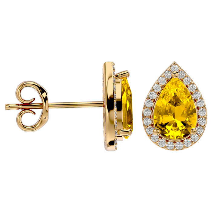 2 1/3 Carat Citrine and Diamond Pear Shape Stud Earrings In 14 Karat Yellow Gold 