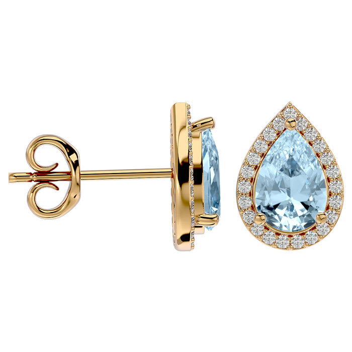 Aquamarine Earrings: Aquamarine Jewelry: 2 1/2 Carat Aquamarine and Diamond Pear Shape Stud Earrings In 14 Karat Yellow Gold 