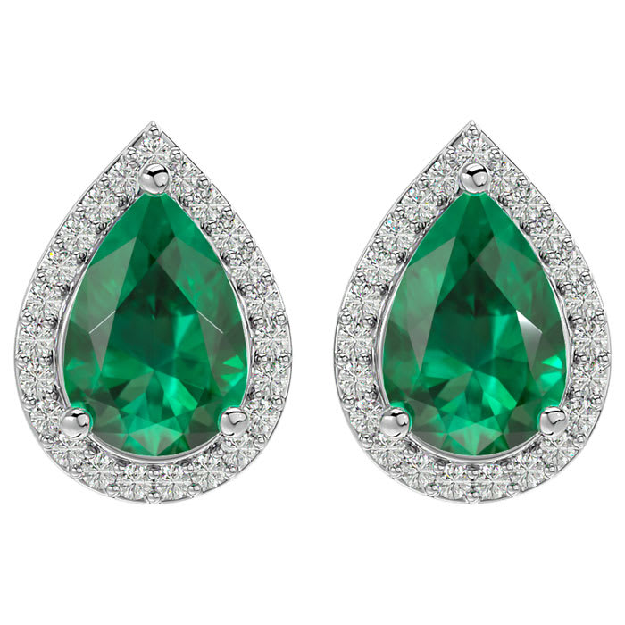 2 1/2 Carat Emerald and Diamond Pear Shape Stud Earrings In 14 Karat White Gold 
