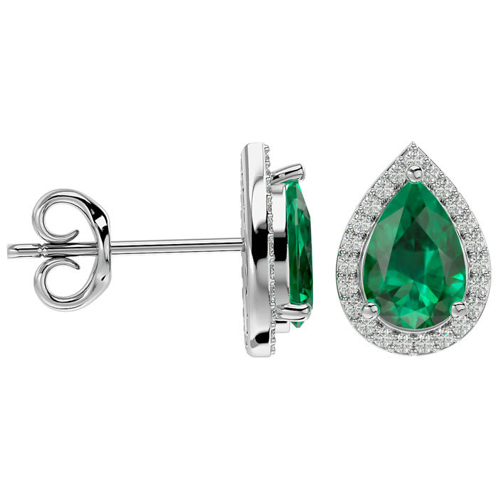 2 1/2 Carat Emerald and Diamond Pear Shape Stud Earrings In 14 Karat White Gold 