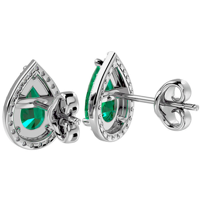 2 1/2 Carat Emerald and Diamond Pear Shape Stud Earrings In 14 Karat White Gold 