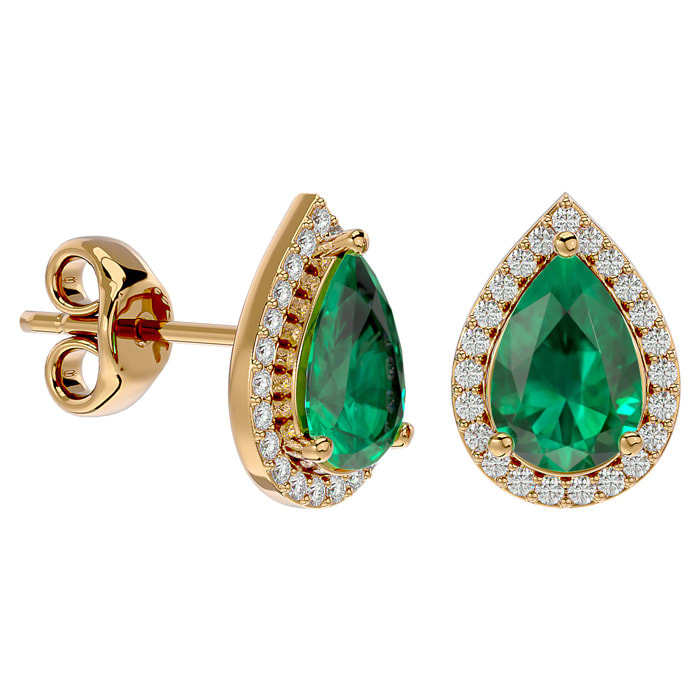 2 1/2 Carat Emerald and Diamond Pear Shape Stud Earrings In 14 Karat Yellow Gold 